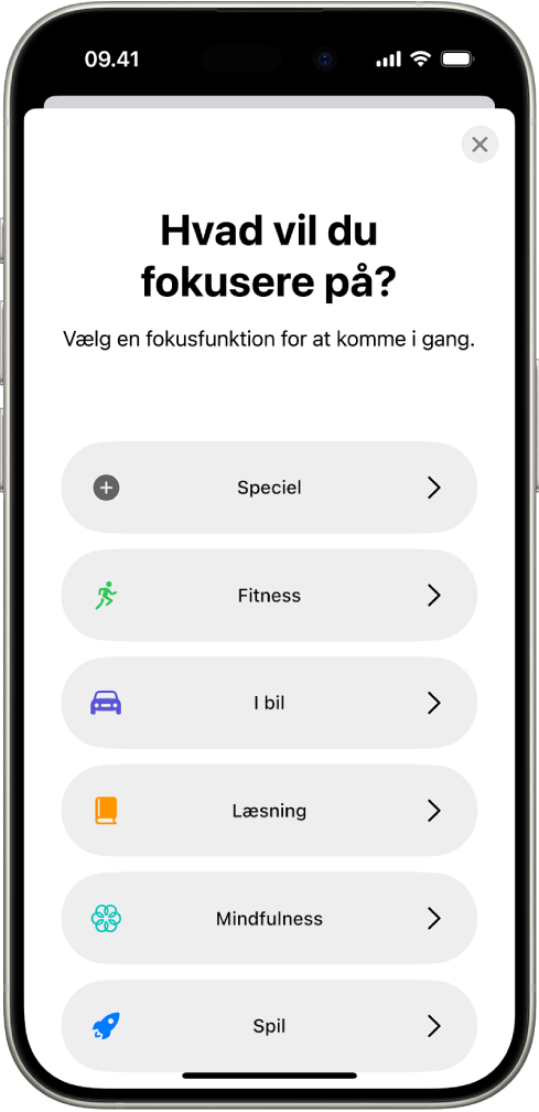 En indstillingsskærm i Fokus med de ekstra indbyggede fokusfunktioner, herunder Speciel, I bil, Motionerer, Spil, Mindfulness og Læsning.