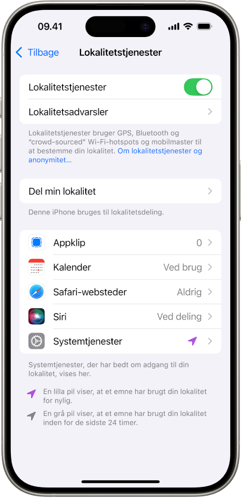 Skærmen Lokalitetstjenester med indstillinger til at dele lokaliteten for din iPhone med apps.