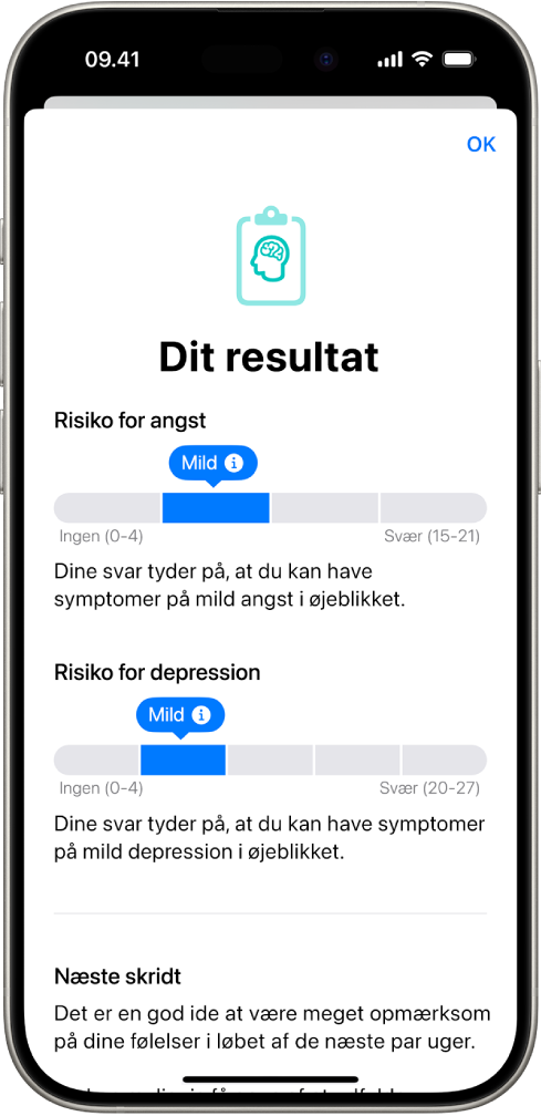 En skærm i appen Sundhed, der viser resultaterne af et spørgeskema om mental sundhed.