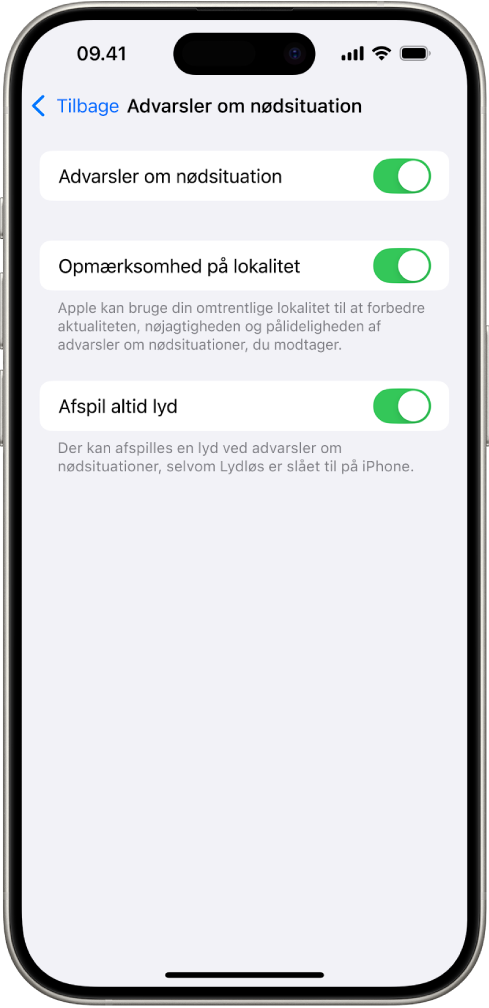 Skærmen for offentlige advarsler med Offentlige advarsler, Opmærksomhed på lokalitet og Afspil altid lyd slået til.