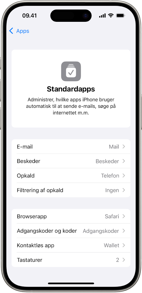 Skærmen, hvor du ændrer standardapps til e-mail, søgning på internettet m.m.
