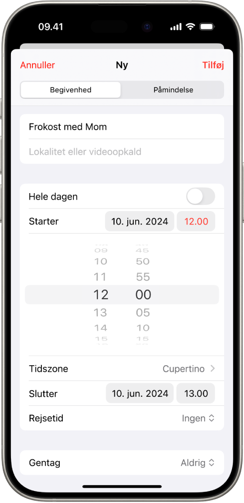 En kalenderbegivenhed med indstillinger til klokkeslæt og tidszone for begivenheden.