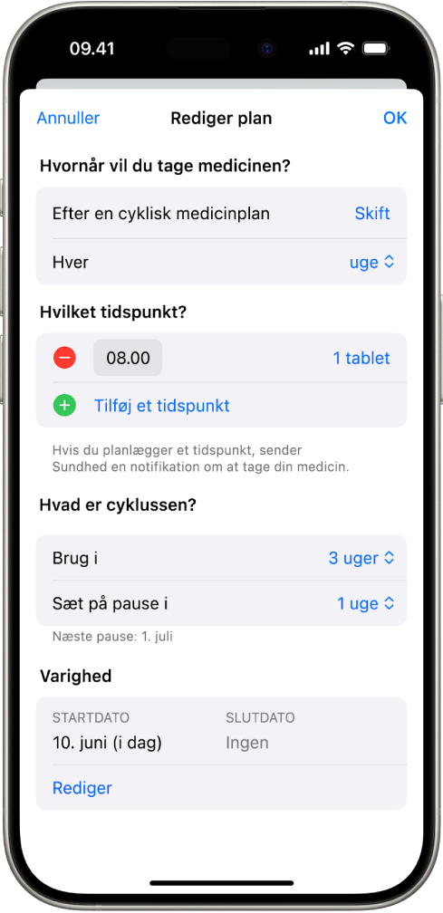 Skærmen Medicin i Sundhed, der viser muligheder for at redigere medicinplanen for en medicin.