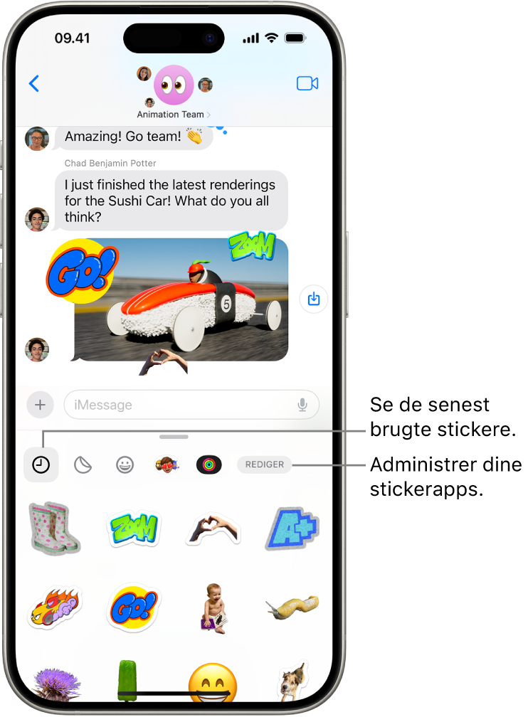 Stickere vises under en samtale. Hver knap øverst på kortet åbner en stickerpakke.