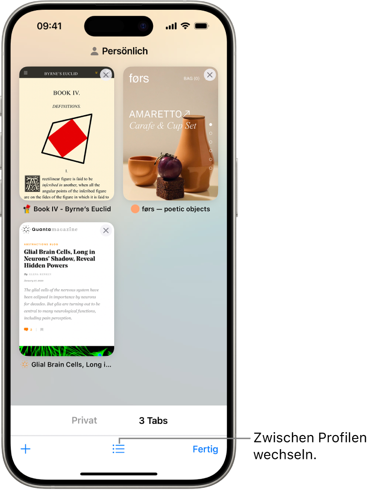 Ein iPhone-Bildschirm zeigt offene Safari-Tabs. Unten auf dem Bildschirm wird das Safari-Symbol „Tabgruppen“ angezeigt. Tippe auf das Symbol, um zwischen Profilen zu wechseln.