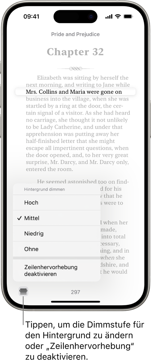 Eine Buchseite in der App „Bücher“. Eine Textzeile ist hervorgehoben und der übrige Text abgeblendet. Unten links auf der Seite ist das Menü „Zeilenhervorhebung“.