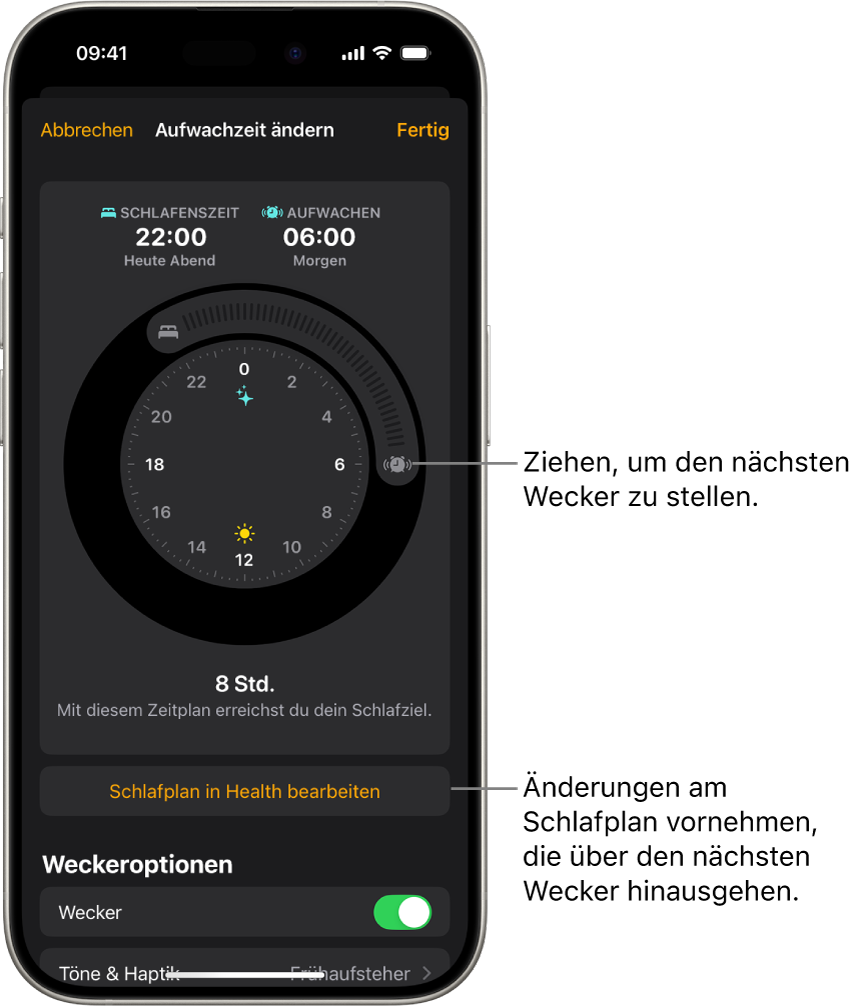Ein Bildschirm zum Ändern des nächsten Weckers. Die Position der Taste „Wecker“ legt die Weckzeit fest.
