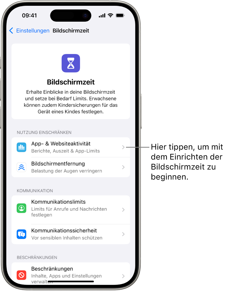 Der Bildschirm für die Einrichtung von „Bildschirmzeit“ zeigt, dass auf „App- & Websiteaktivität“ getippt werden muss, um loszulegen.