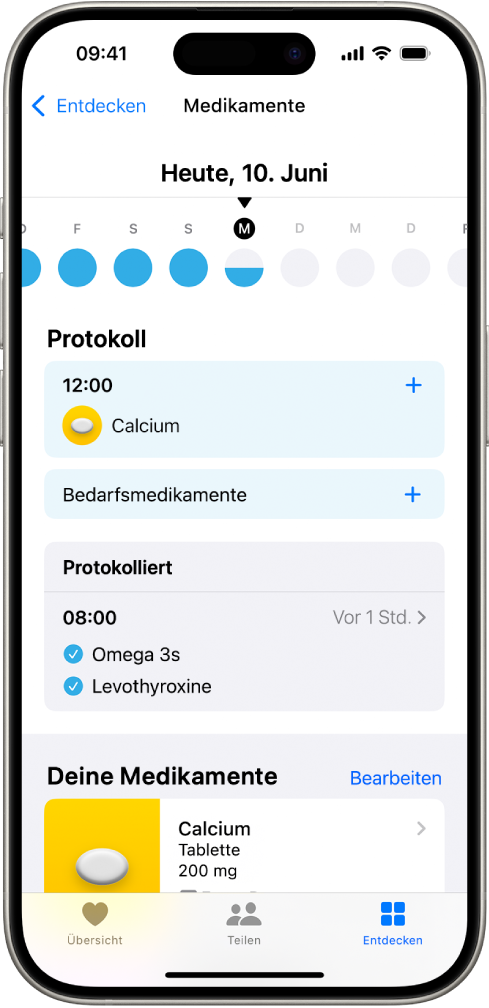 Der Bildschirm „Medikamente“ in der App „Health“ mit dem Datum und einem Protokoll für die Medikamenteneinnahme.