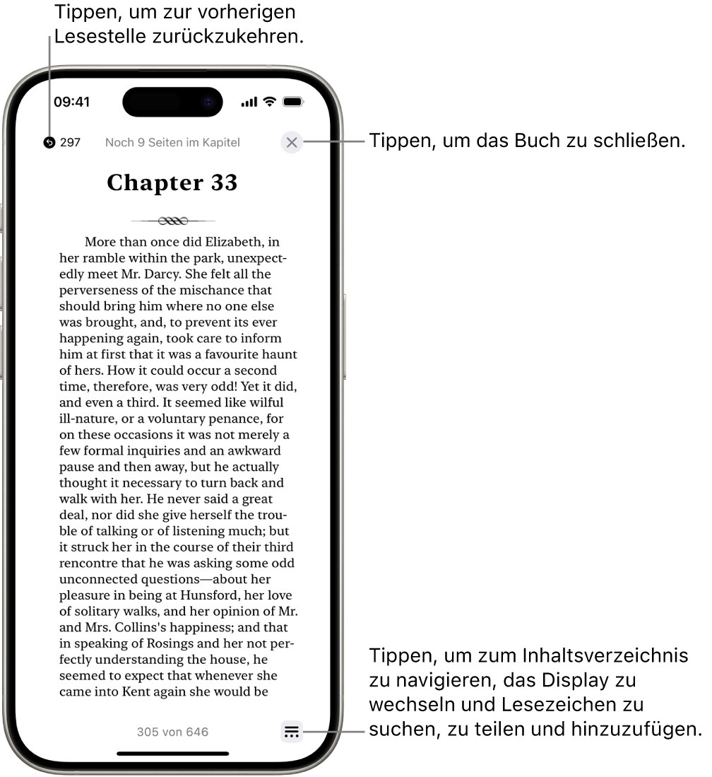 Eine Buchseite in der App „Bücher“. Obern auf dem Bildschirm befinden sich die Tasten zum Zurückkehren zu der Seite, auf der du mit dem Lesen begonnen hast, und zum Schließen des Buchs. Unten rechts auf dem Bildschirm befindet sich die Taste „Menü“.