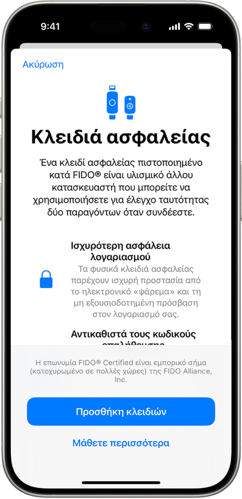Η οθόνη καλωσορίσματος των Κλειδιών ασφαλείας. Κοντά στο κάτω μέρος, βρίσκονται το κουμπί «Προσθήκη κλειδιών ασφαλείας» και ένας σύνδεσμος «Μάθετε περισσότερα». Πάνω από αυτά τα στοιχεία, υπάρχει επεξηγηματικό κείμενο σχετικά με τα οφέλη της χρήσης κλειδιών ασφαλείας.