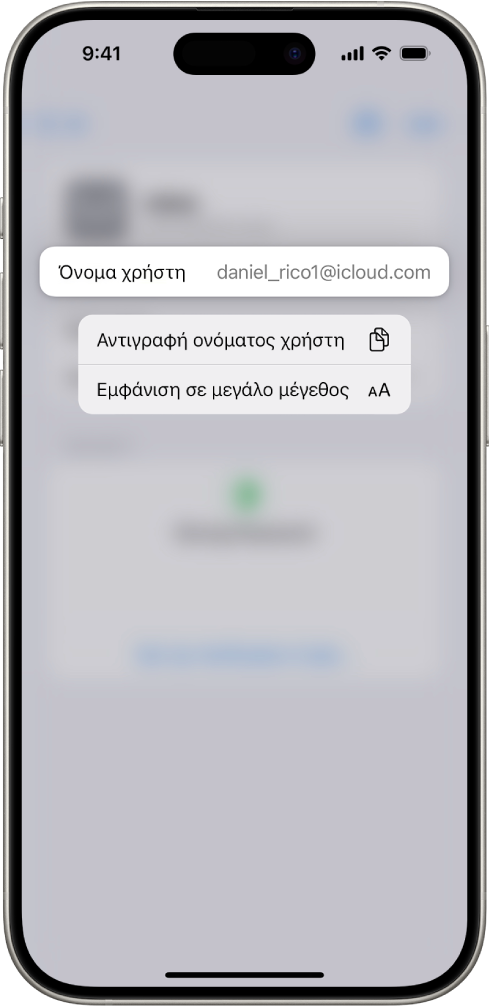 Μια οθόνη λογαριασμού που εμφανίζει το όνομα χρήστη επισημασμένο, με επιλογές για Αντιγραφή ονόματος χρήστη και Εμφάνιση σε μεγάλο μέγεθος.