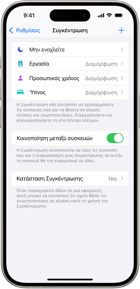 Μια οθόνη που δείχνει πέντε παρεχόμενες επιλογές Συγκέντρωσης: Μην ενοχλείτε, Αποτροπή μηνυμάτων κατά τη διάρκεια κλήσεων, Ύπνος, Προσωπικός χρόνος, και Εργασία. Η επιλογή «Κοινοποίηση μεταξύ συσκευών» είναι ενεργοποιημένη, γεγονός που επιτρέπει τη χρήση των ίδιων ρυθμίσεων Συγκέντρωσης σε όλες τις συσκευές Apple σας.