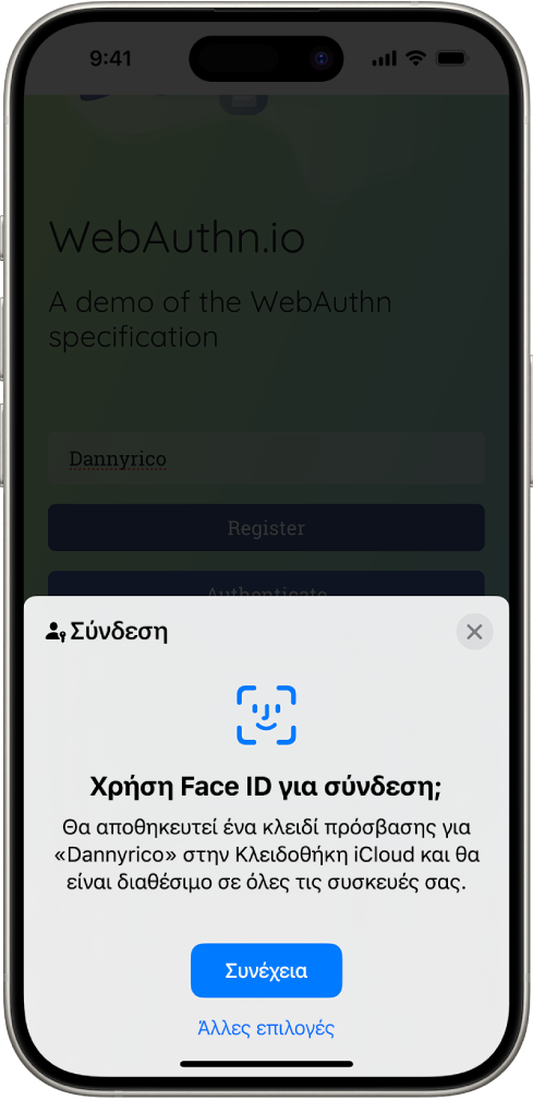Το κάτω μισό μέρος της οθόνης του iPhone δίνει την επιλογή χρήσης πλήκτρων πρόσβασης για σύνδεση σε έναν ιστότοπο. Διαθέτει ένα κουμπί «Συνέχεια» για αποθήκευση ενός κλειδιού πρόσβασης και ένα κουμπί «Άλλες επιλογές».
