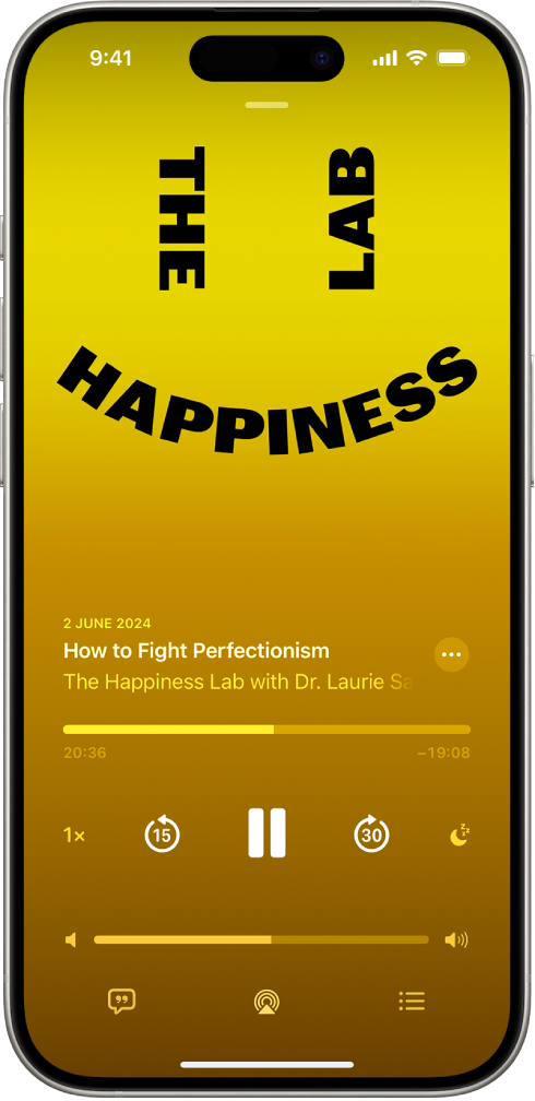 The Now Playing tab in the Podcasts app, showing the podcast artwork, the episode title, the playback controls, and the volume slider. At the bottom of the screen is the AirPlay icon and the Playing Next button.