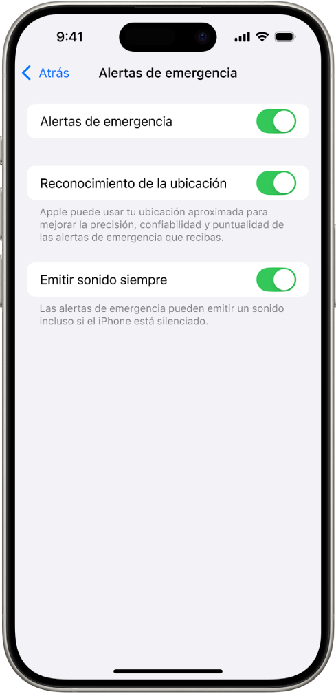 La pantalla Alertas de emergencia, con las opciones Alertas de emergencia, Reconocimiento de la ubicación y Emitir sonido siempre activadas.