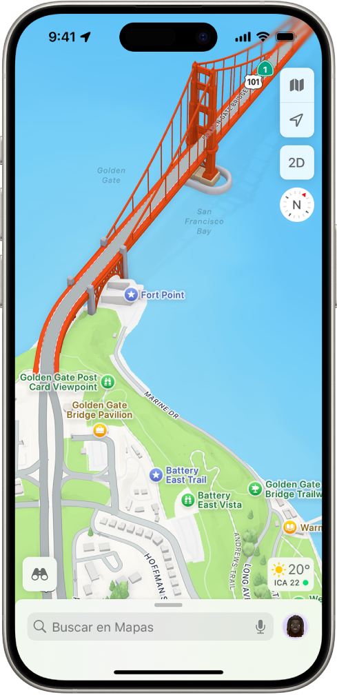 Un mapa en 3D de calles y parques que muestra árboles, puntos de interés y otras ubicaciones, como los baños.