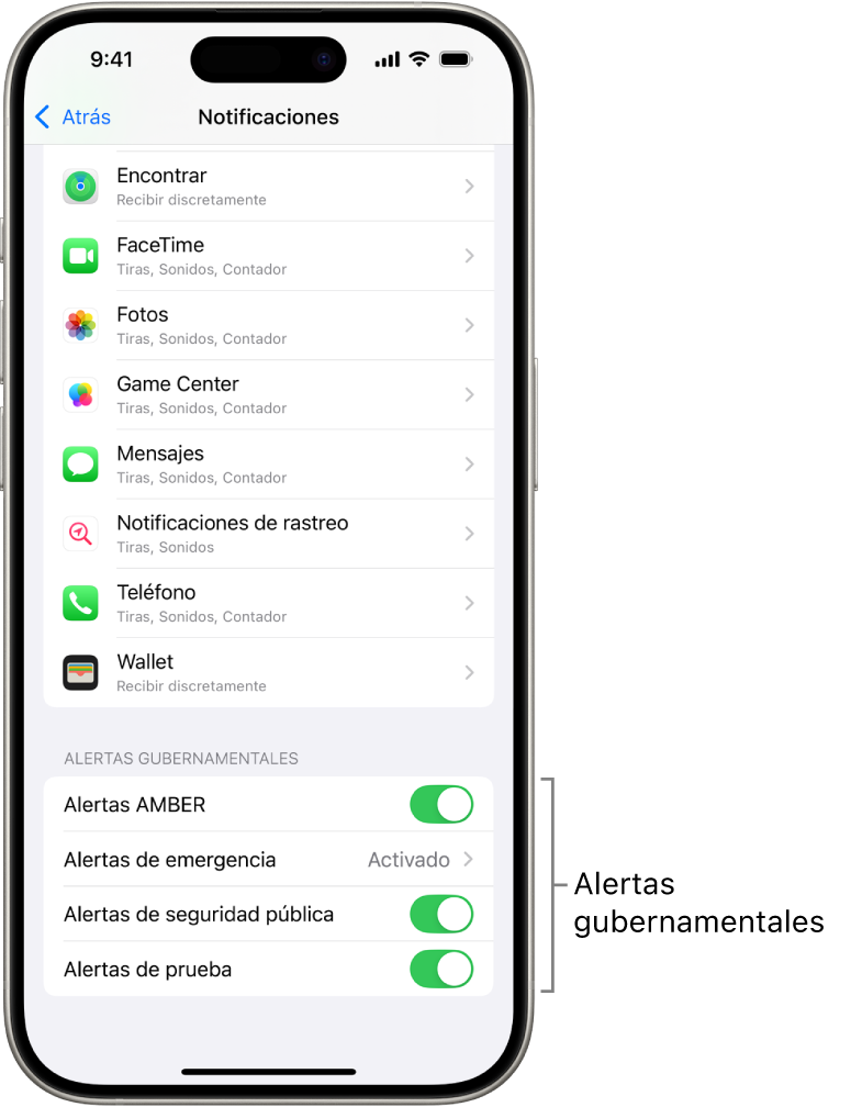 La pantalla Notificaciones mostrando la opción Alertas gubernamentales, la cual se puede activar para recibir estas alertas.