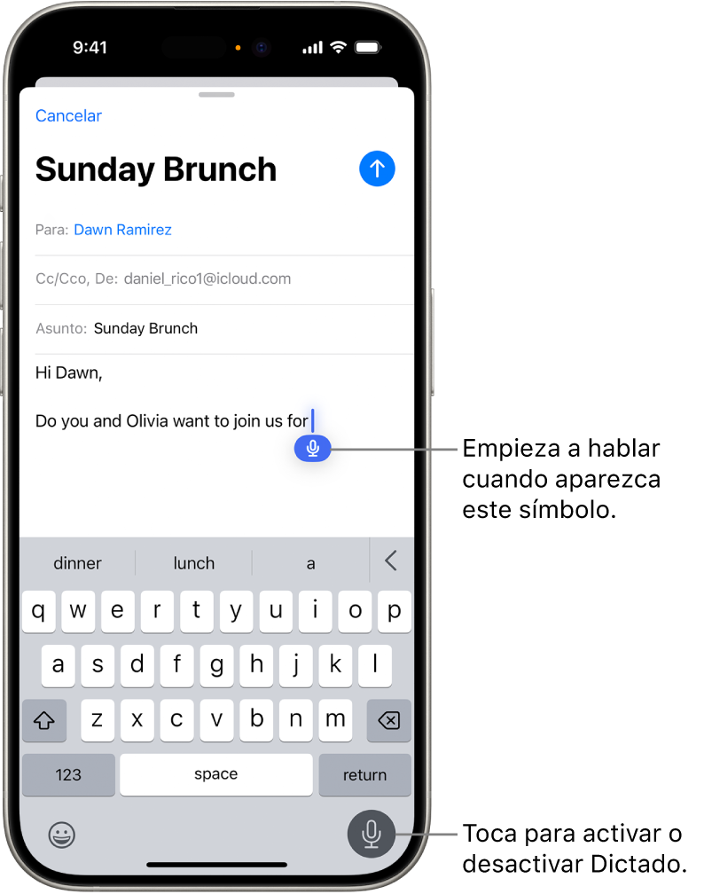 En la app Mail, el teclado en pantalla está abierto. Se selecciona el botón Dictado en la esquina inferior derecha de la pantalla y, debajo del punto de inserción en el campo de búsqueda, aparece el botón Dictado.