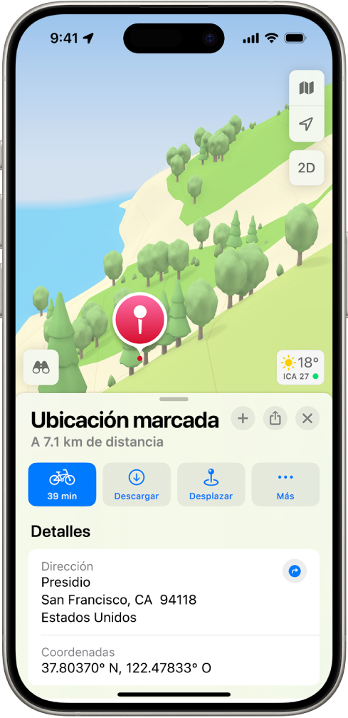 Un mapa mostrando un marcador en un parque. Debajo se encuentran botones para obtener indicaciones hacia el marcador, descargar los alrededores, o reubicar el marcador.