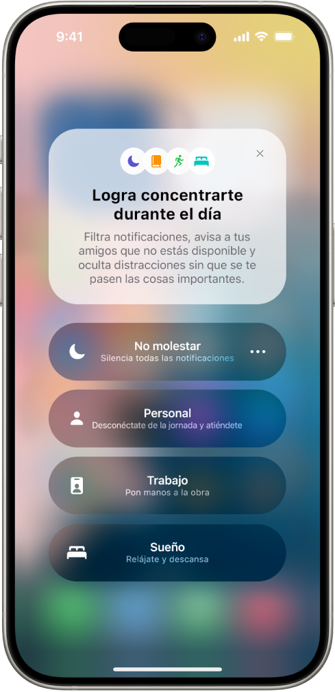 El centro de control mostrando las opciones de enfoque, con botones para establecer la duración del enfoque.