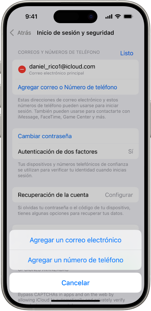 La pantalla Inicio de sesión y seguridad en Configuración.