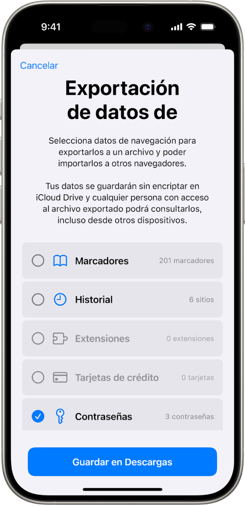 La pantalla Exportar datos de navegación con la opción Contraseñas seleccionada para exportar a otro administrador de contraseñas.