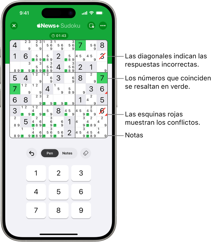 Un juego de sudoku con varias funciones activadas: Notes, Highlight Matching Numbers, Show Conflicts, y Autocheck.