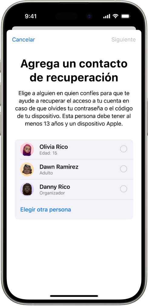 La pantalla Agregar contacto de recuperación.