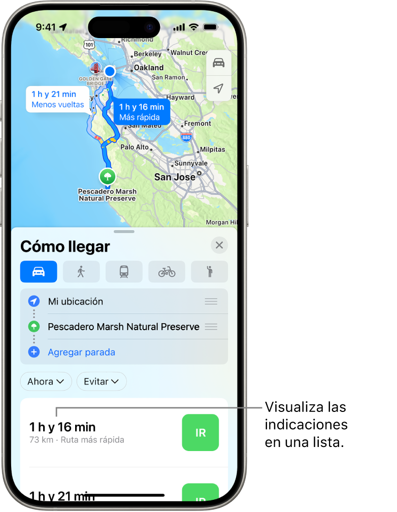 Una tarjeta con varias opciones de ruta.