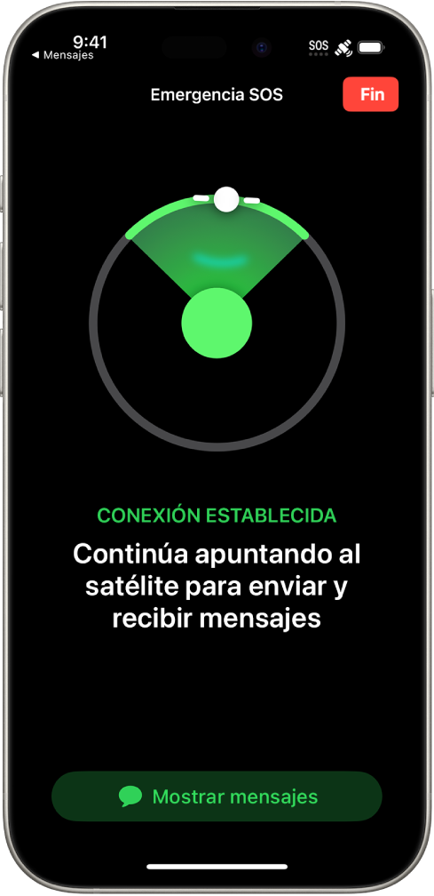 La pantalla Emergencia SOS muestra que el teléfono está conectado e indica al usuario que siga apuntando al satélite. En la parte inferior de la pantalla está el botón Mostrar mensajes.