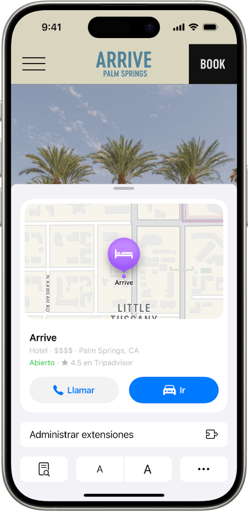 La app Safari mostrando el contenido destacado de un destino hotelero en Palm Springs, incluido un mapa, botones para llamar al hotel y obtener indicaciones, así como un enlace para hacer una reservación.