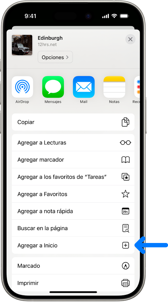 En Safari, se tocó el botón Compartir en un sitio web y se muestra una lista de opciones que incluye Agregar a la pantalla de inicio.