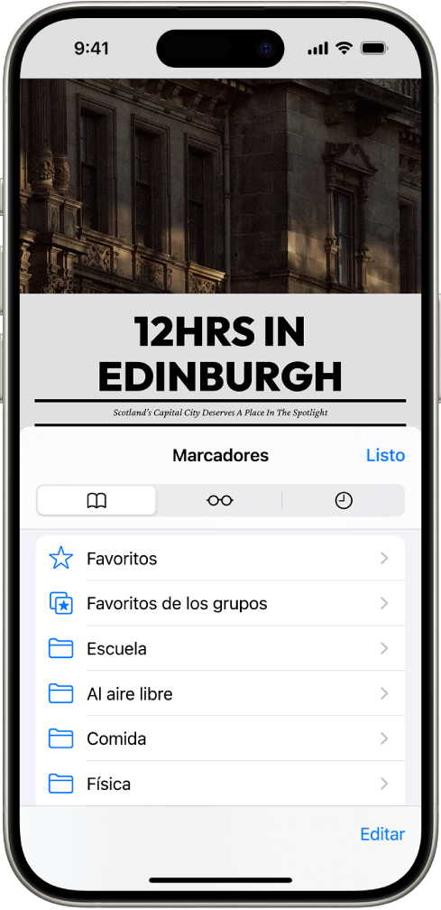La pantalla Marcadores, con opciones para ver los marcadores, las lecturas y el historial de navegación.