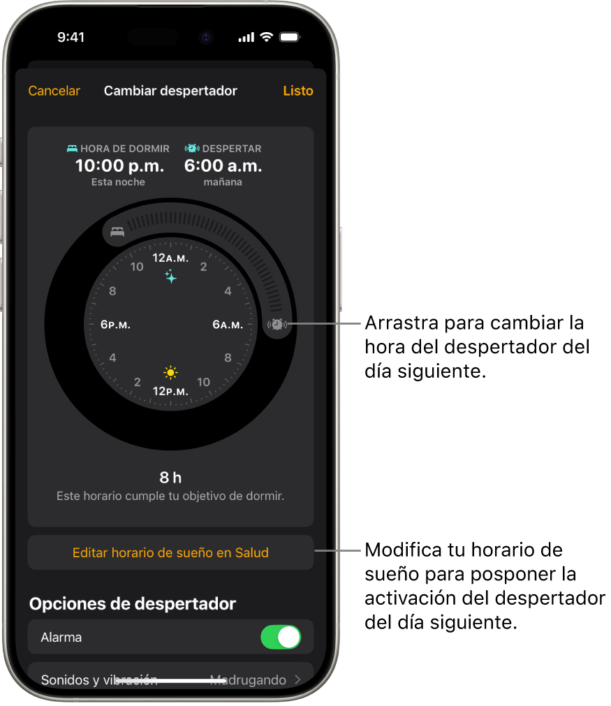 Una pantalla para cambiar el siguiente despertador: la posición del botón Alarma sonando establece la hora de la alarma.