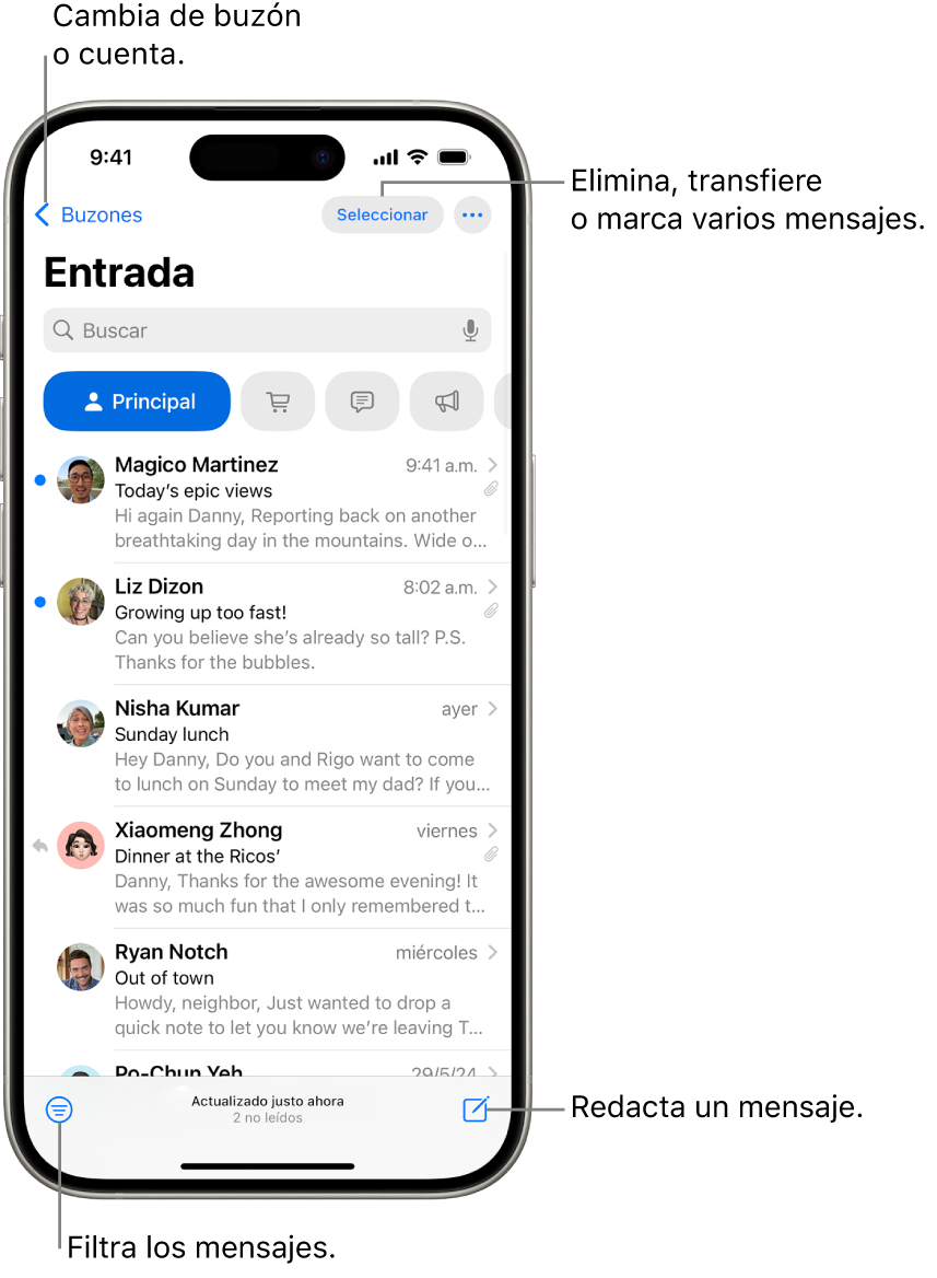 El buzón de entrada de Mail mostrando una lista de correos electrónicos.