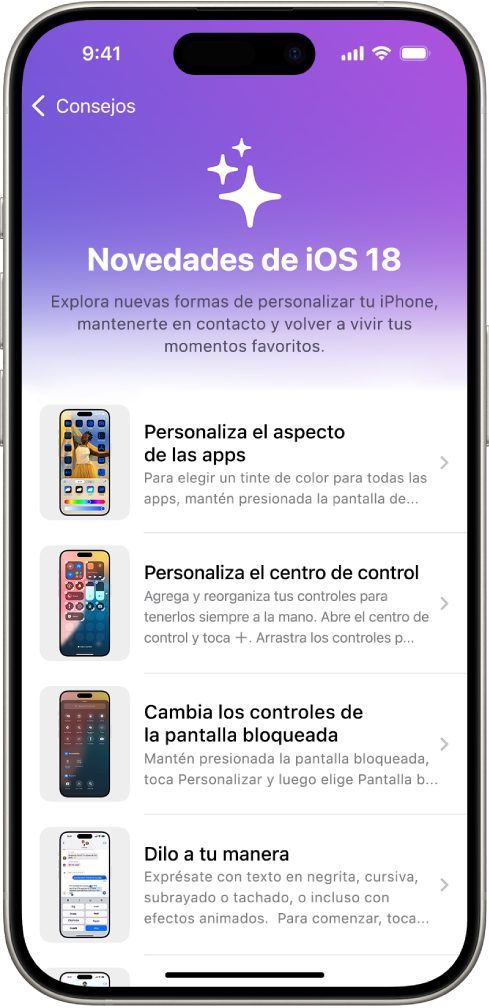 Una pantalla mostrando una colección de consejos con flechas que indican que puedes tocar una colección para ver consejos.