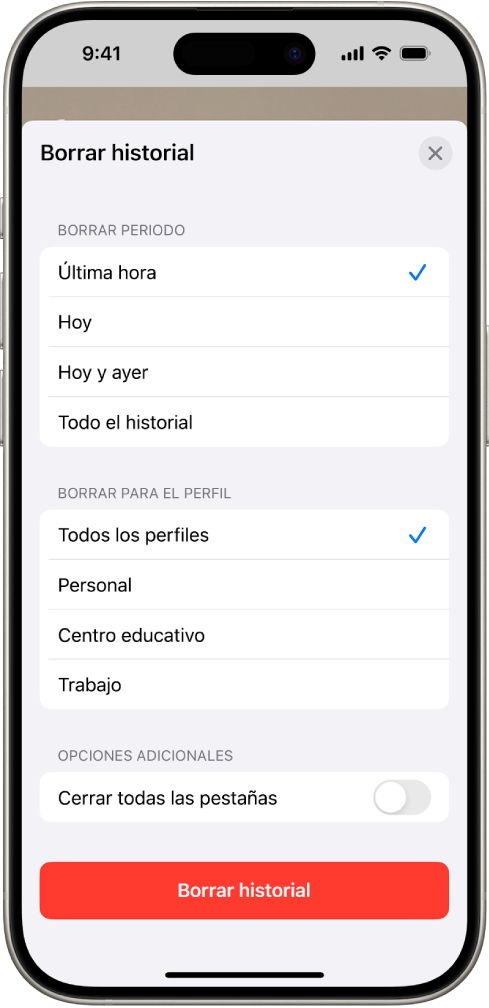 El menú Borrar historial. Debajo de Borrar periodo, se selecciona Última hora. Debajo de Borrar para el perfil, se selecciona Todos los perfiles. En la parte inferior de la pantalla está el botón Borrar historial.