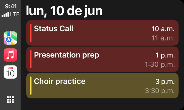 CarPlay muestra Mapas, Música y Calendario en la barra lateral. A la derecha están los eventos del lunes 5 de junio, que incluyen una sesión de trabajo, un taller de habilidades de liderazgo, la preparación de una presentación, y la práctica del coro.