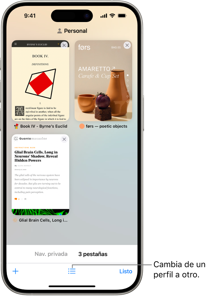 La pantalla de un iPhone mostrando unas pestañas abiertas de Safari. En la parte inferior de la pantalla está el ícono de un grupo de pestañas de Safari. Toca el ícono para cambiar de perfil.