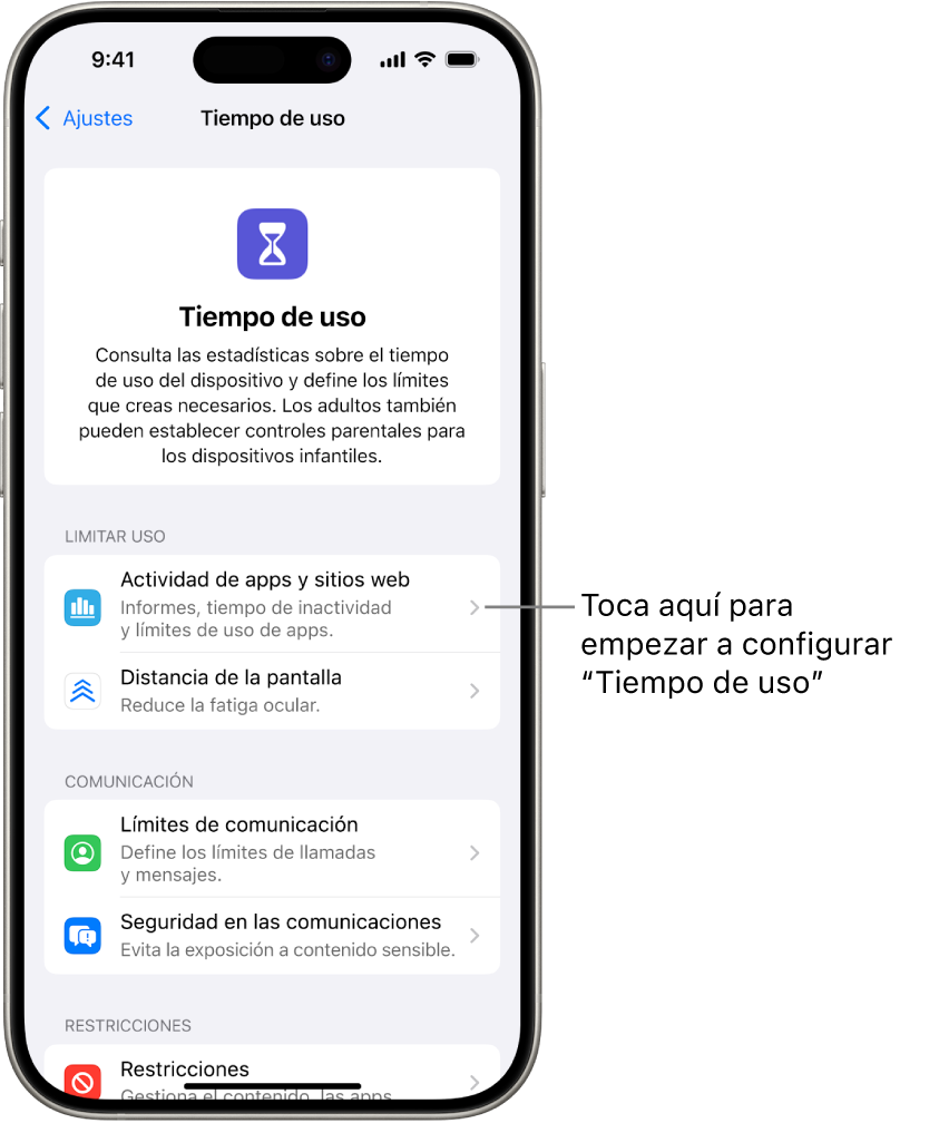Pantalla para configurar “Tiempo de uso”, indicando que toques “Actividad de apps y sitios web” para empezar.