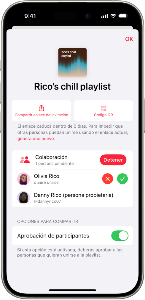 La pantalla “Gestionar colaboración” en la app Música.