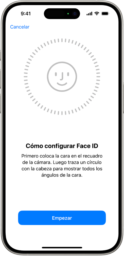 Pantalla de configuración de reconocimiento de Face ID. En la pantalla se muestra una cara rodeada de un círculo. El texto situado debajo de la cara indica al usuario que mueva la cabeza lentamente hasta completar el círculo.