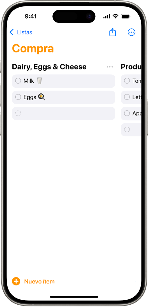 La app Recordatorios con una lista de la compra con las categorías organizadas en columnas.