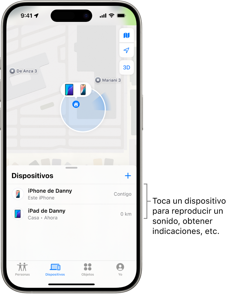 Pantalla Buscar abierta en la lista Dispositivos. Hay dos dispositivos en la lista Dispositivos: El iPhone de Alberto y el iPad de Alberto. Sus ubicaciones se muestran en un mapa.