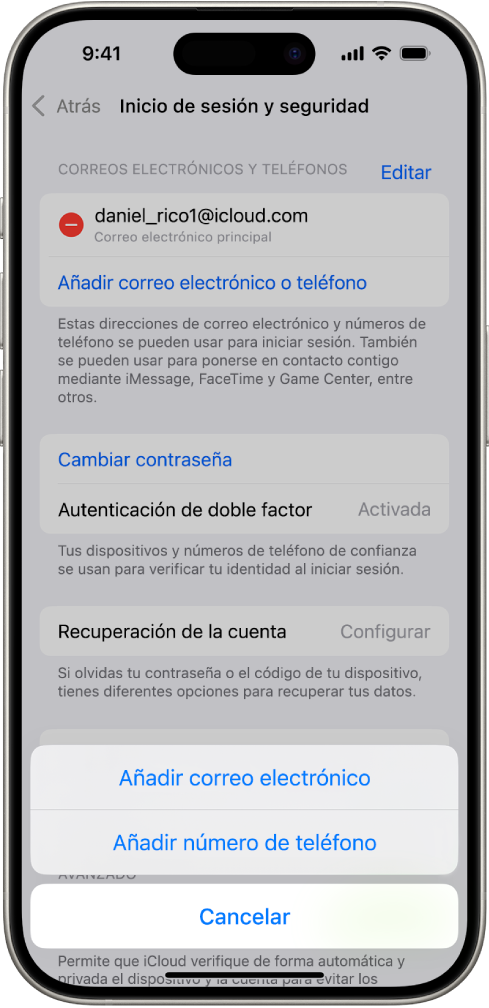 Pantalla “Inicio de sesión y seguridad” en Ajustes.