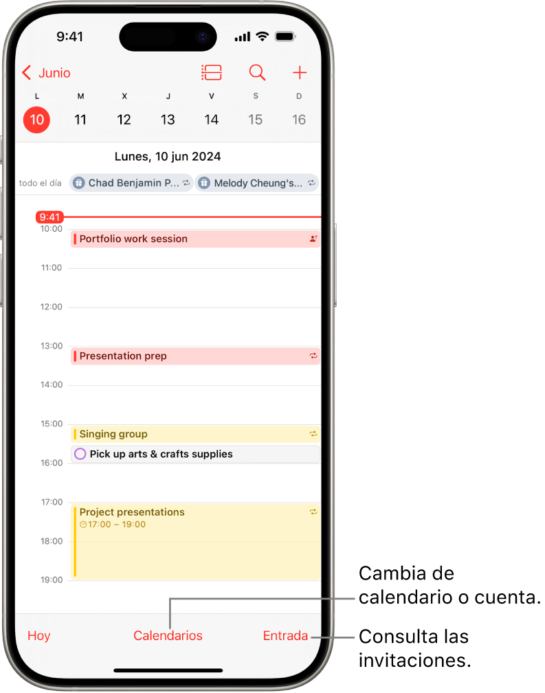 Calendario en la visualización diaria con los eventos del día. El botón Calendarios está abajo en el centro de la pantalla y el botón “Bandeja de entrada” está abajo a la derecha.