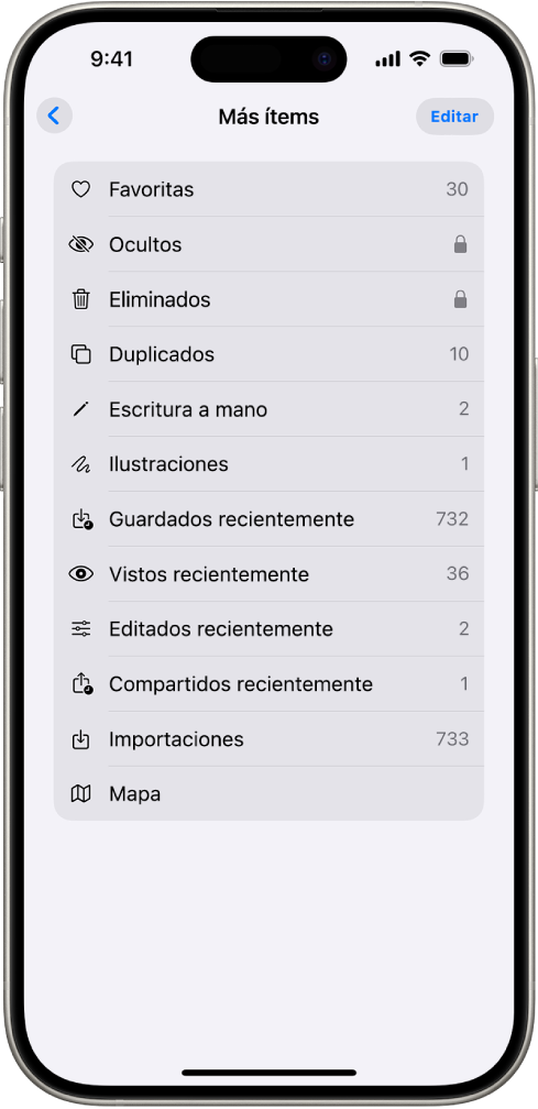 En la app Fotos, la colección “Más ítems” está abierta con una lista de colecciones de fotos.