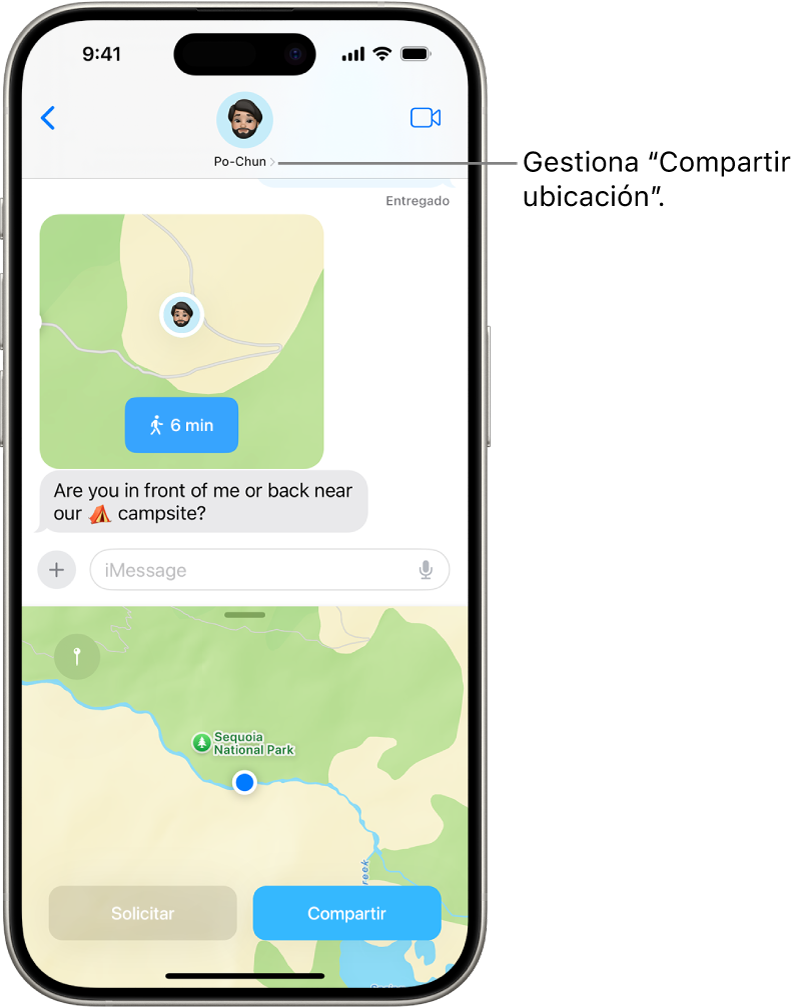 Conversación de la app Mensajes con una ubicación compartida.