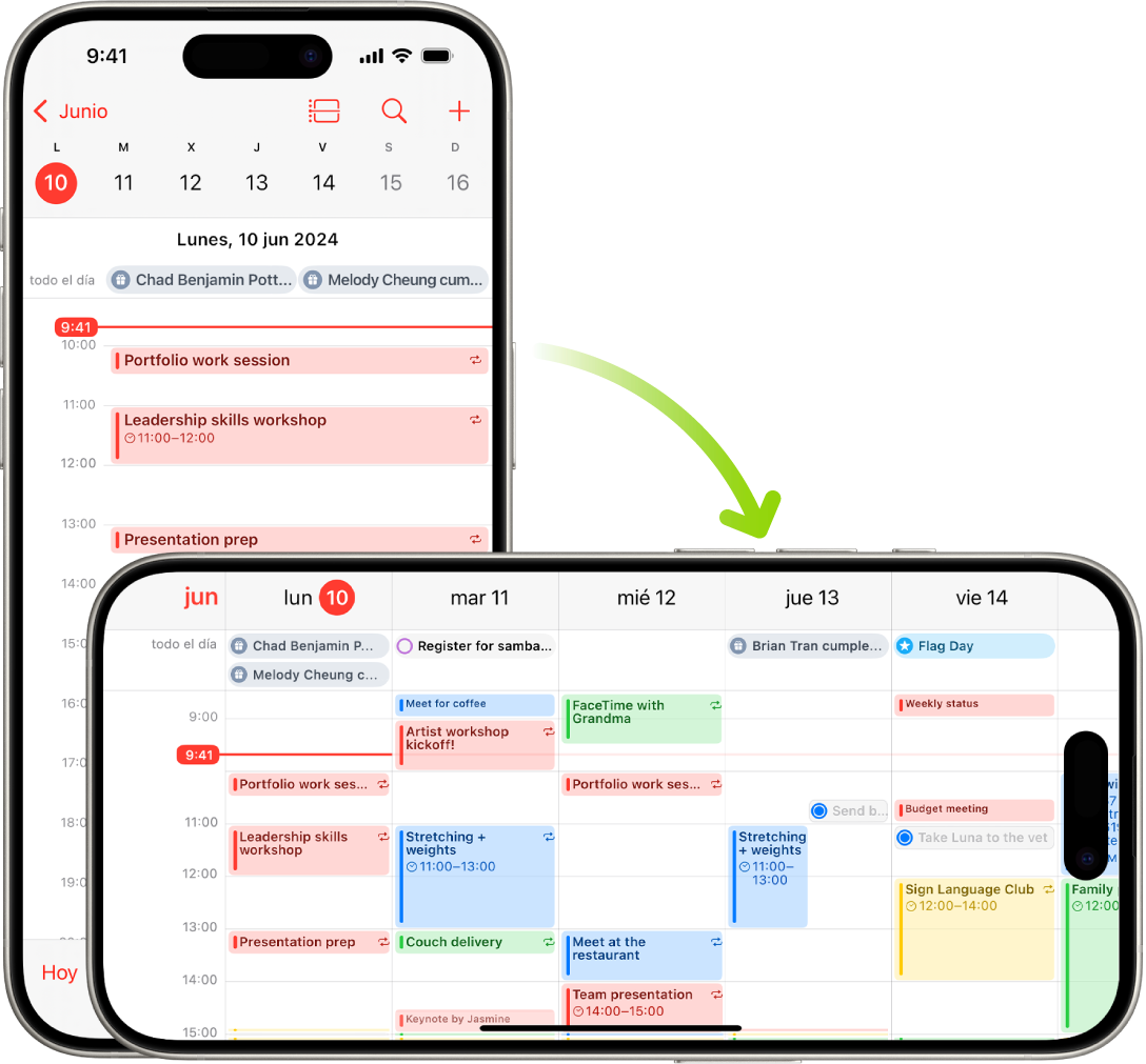 En segundo plano, el iPhone muestra una pantalla de Calendario, con los eventos de un día en sentido vertical; en primer plano, el iPhone está girado en horizontal y muestra los eventos de Calendario de toda la semana.
